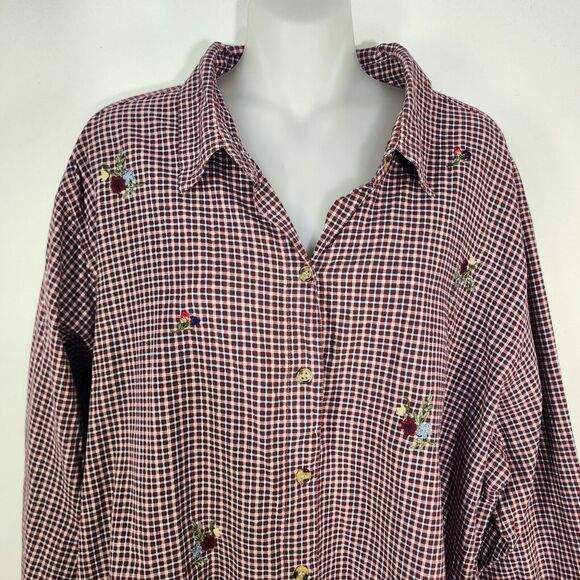 Cabin Creek Shirt Size 22W Long Sleeve Button Plaid Cotton Embroidered Flowers - Picture 3 of 8